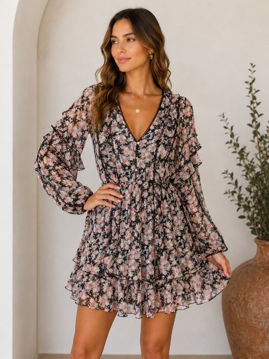 Fashion Nova Dresses & Skirts - Fashion Nova Floral Ruffle Mini Dress Black Pink Rose Print Long Sleeve Boho